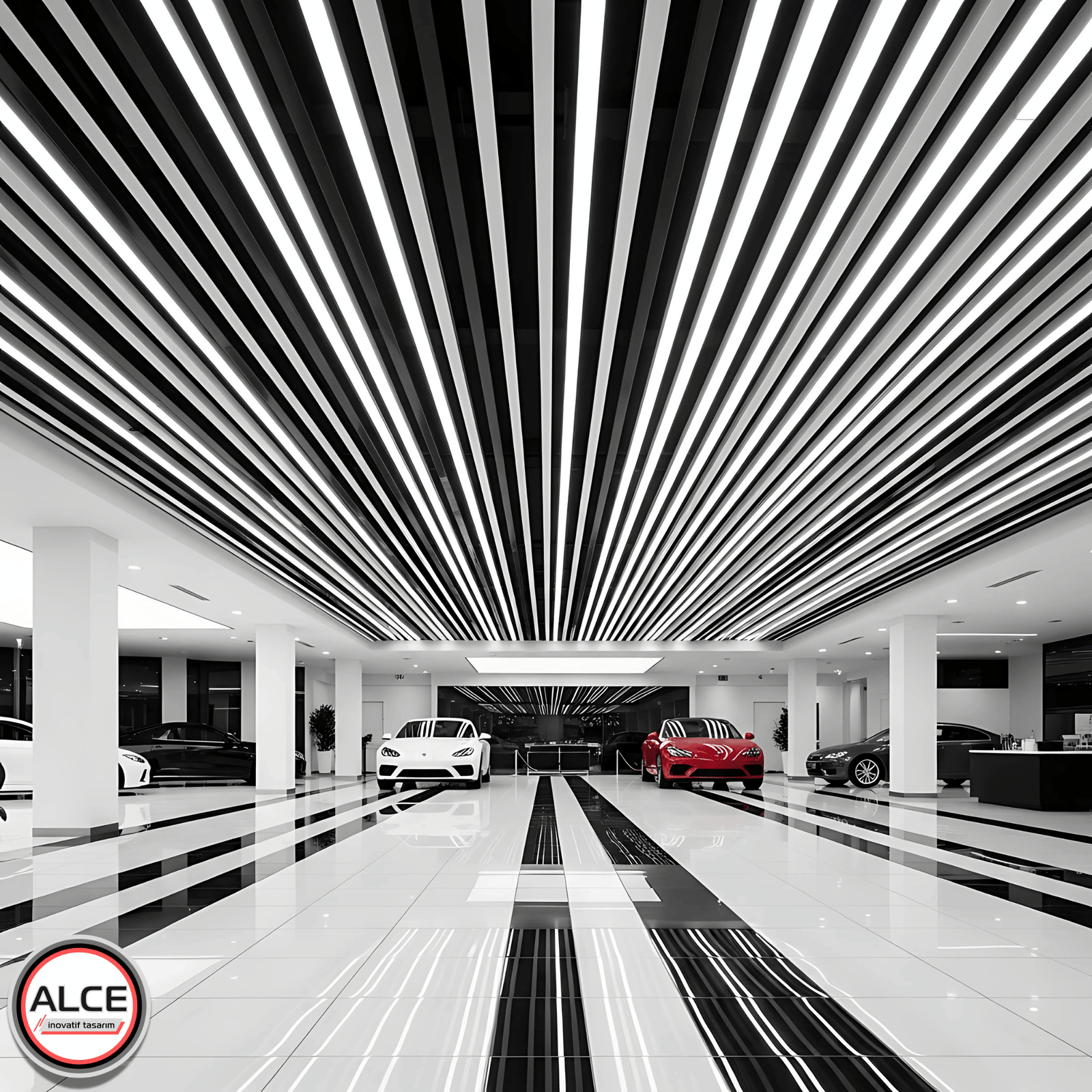 Metal Baffle Asma Tavan sisteminin modern lineer estetiğini yansıtan bu siyah-beyaz panelli tasarım, otomobil showroom gibi çağdaş mekânlara ritmik bir derinlik ve düzen kazandırır – Alce İnovatif Tasarım